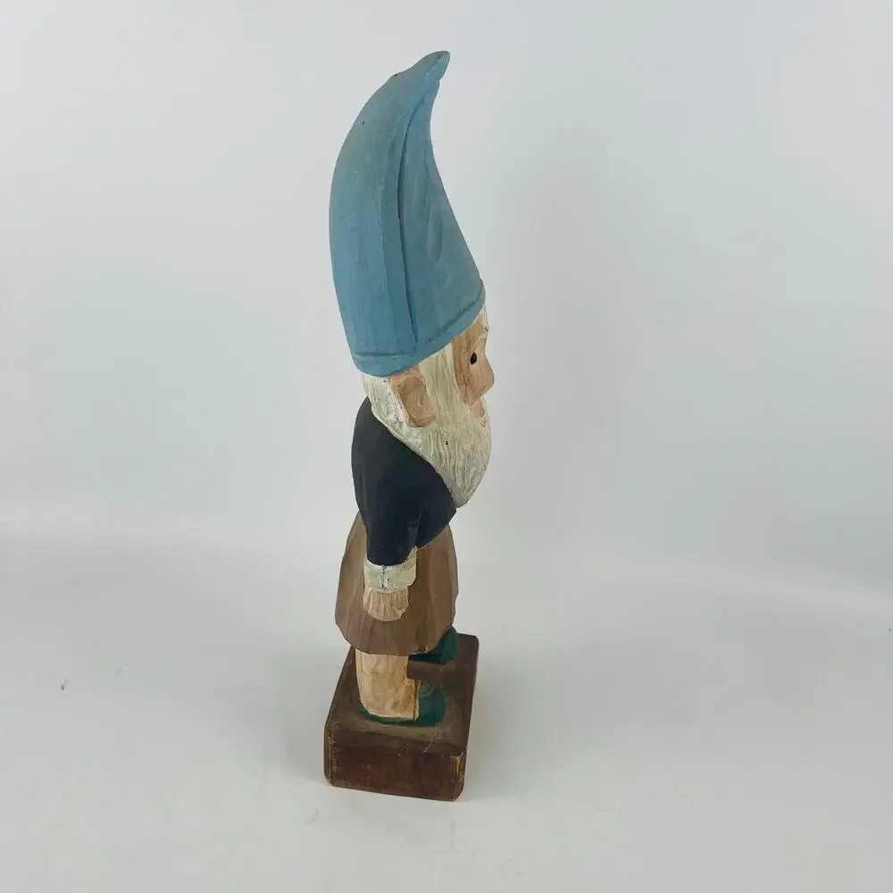 Hand-Carved Wooden Gnome Tall Blue Hat White Beard 12 1/2’